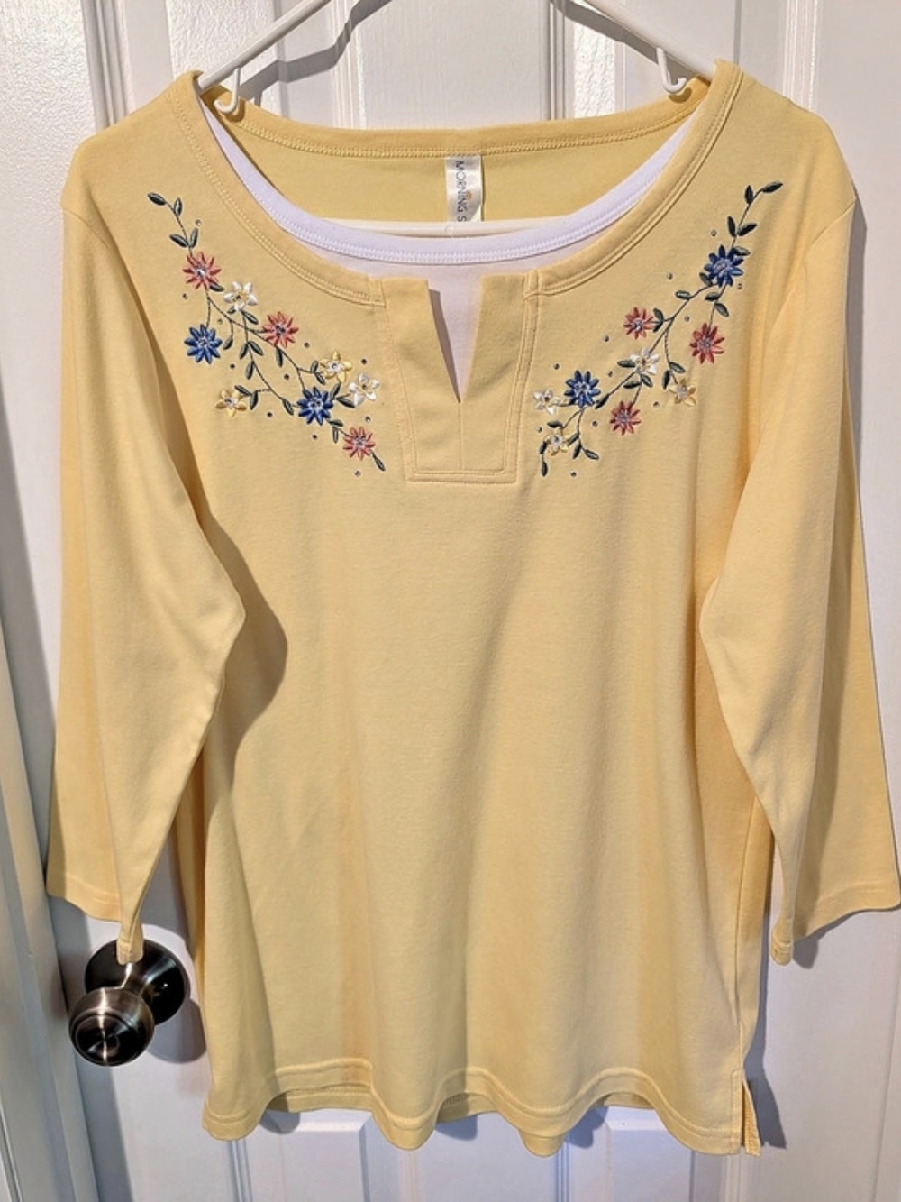 Morning Sun Yellow Embroidered Long Sleeve Shirt, Size Large